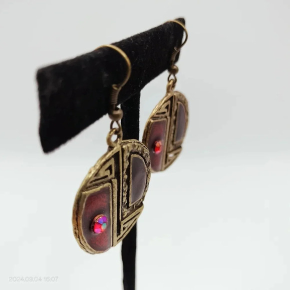 Women's Dangle Drop Earrings Antique Gold Tone Garnet Red Enamel Rhinestone Boho - Picture 3 of 11